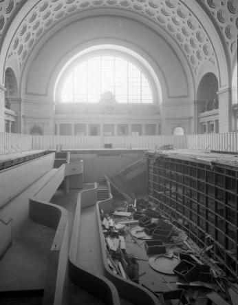 The 1980s restorers of Union Station had to get rid of a pit that had been created in the middle of the station, which housed a slide show theater. Credit: National Archives