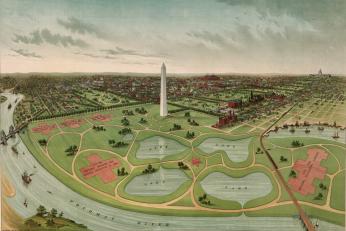 A birds-eye view of the National Mall in 1892, with the carp ponds situated closer to the Potomac. (Source: Library of Congress.)