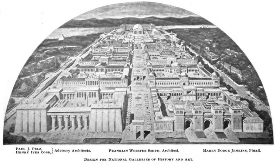 A drawing of the Galleries showing eight courtyards flanking a long avenue terminating in a large complex of Greek-style buildings next to the Potomac river