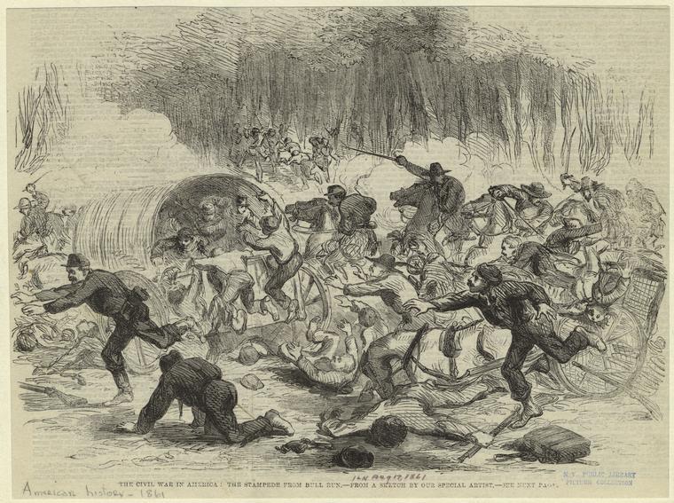 Black and white drawing of soldiers running to the left, some clinging to a wagon and others riding on horseback.