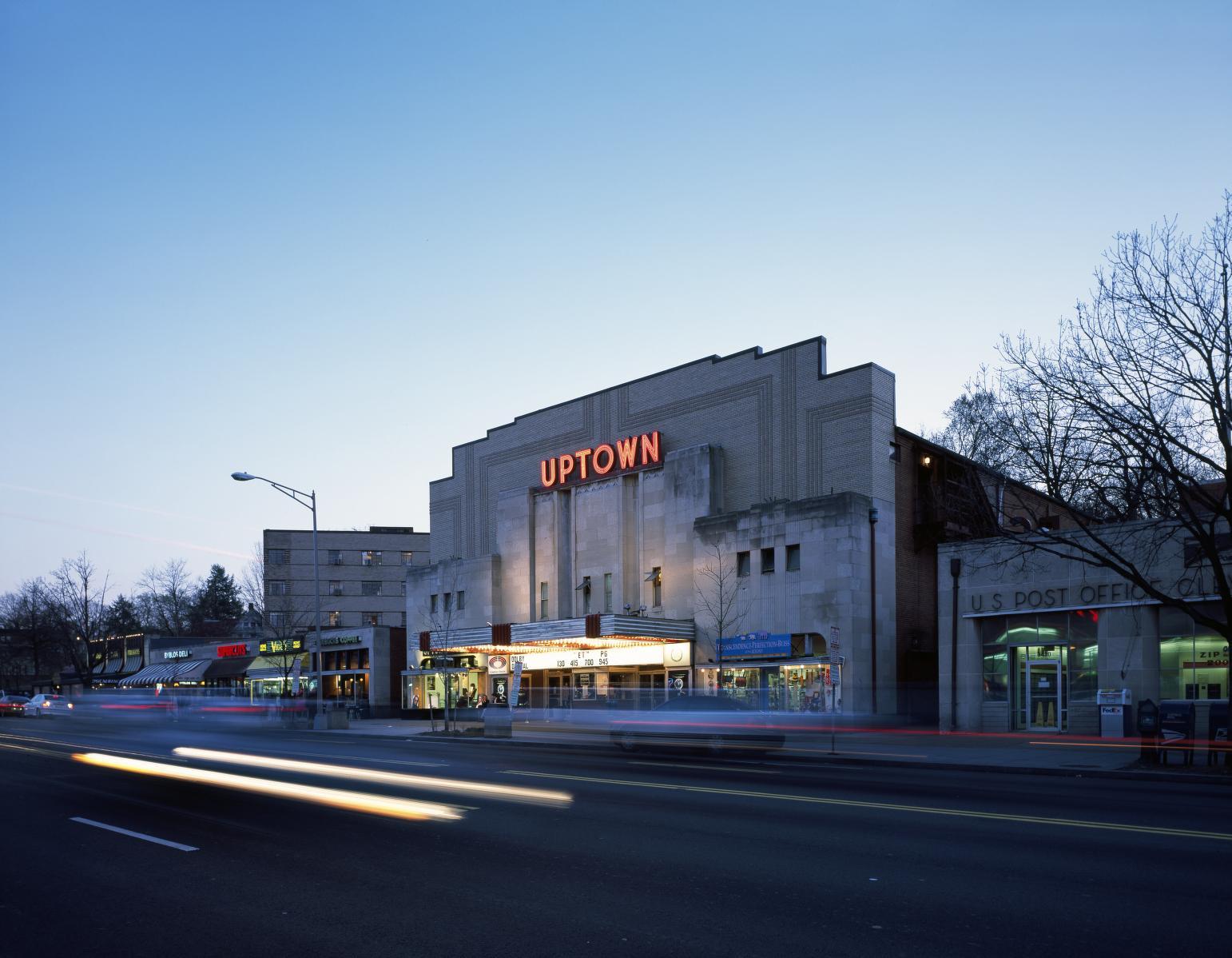 The Uptown Theater at dusk with car headlights. (Source: Carol M. Highsmith Collection, Library of Congress)