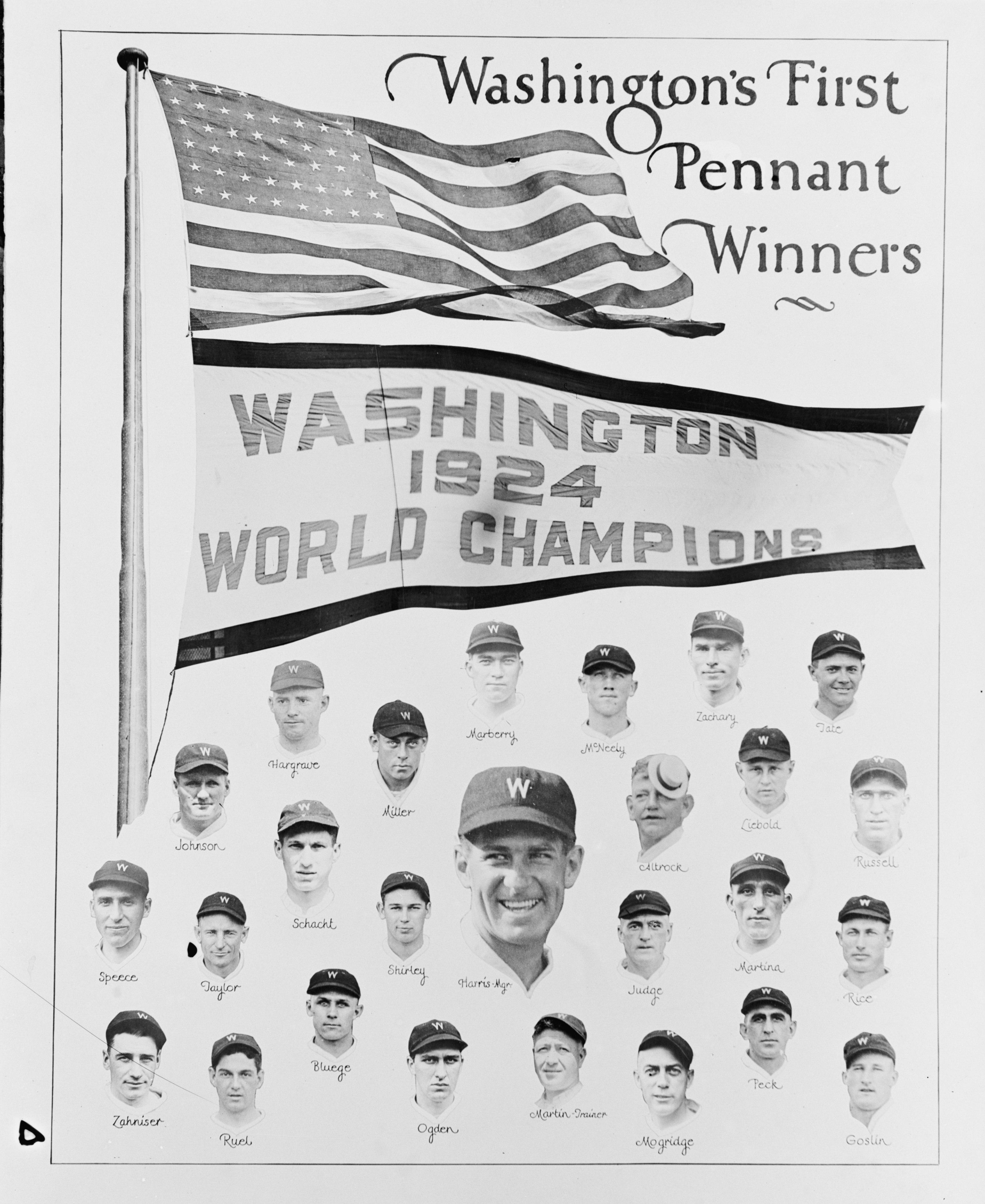 Poster with headshots of players from 1924 World Series Champion Washington Senators baseball club. (Source: Library of Congress)
