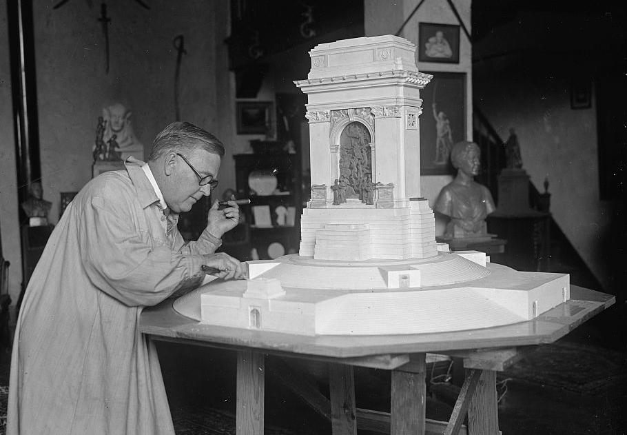 Noble at work on the model of the memorial in his studio