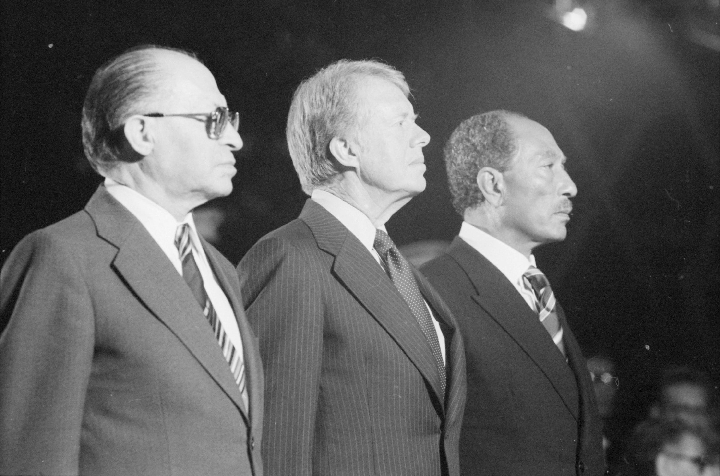 Close up of Menahem Begin, Jimmy Carter and Anwar Sadat at Camp David, September 7, 1978. (Source: National Archives)