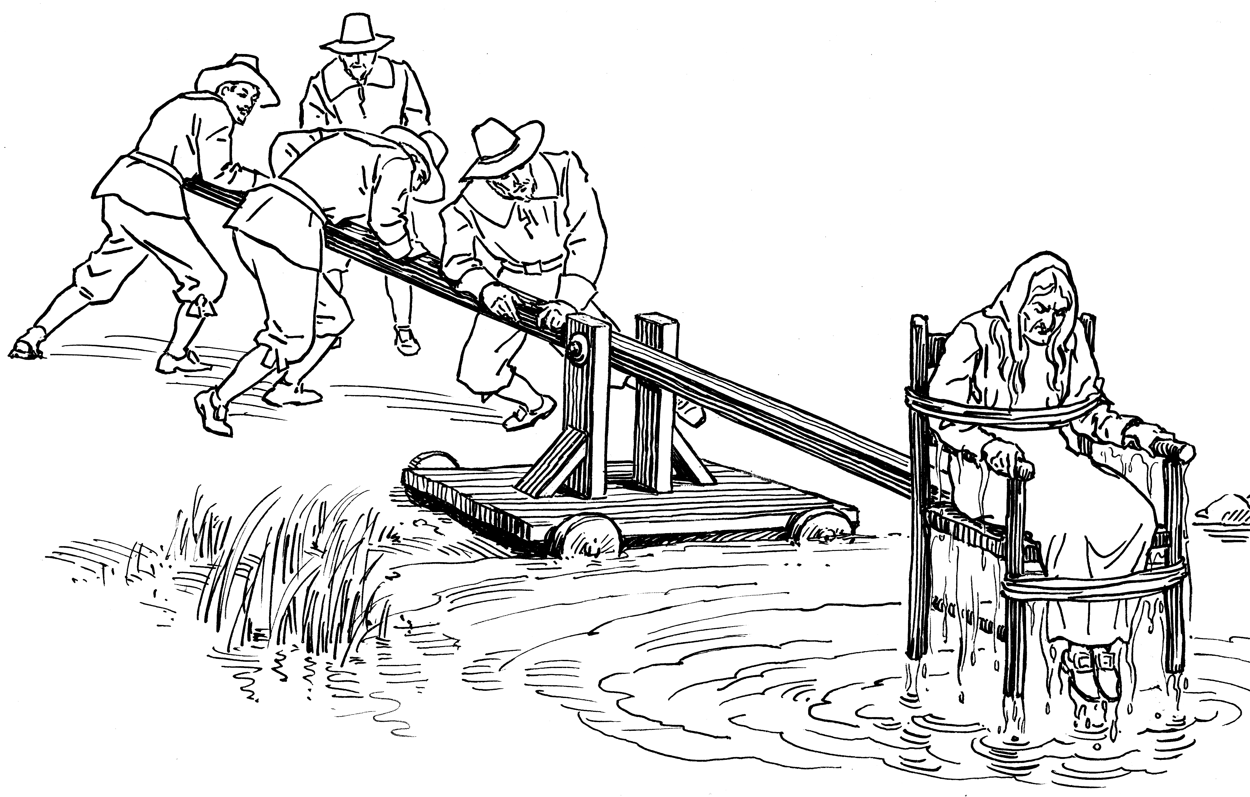 Drawing of four men lowering a woman into water using a ducking stool. (Credit: Pearson Scott Foresman via Wikimedia Commons)