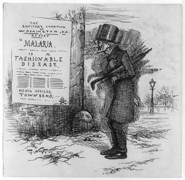 Cartoon of man with sign saying "Malaria is a Fashionable Disease"