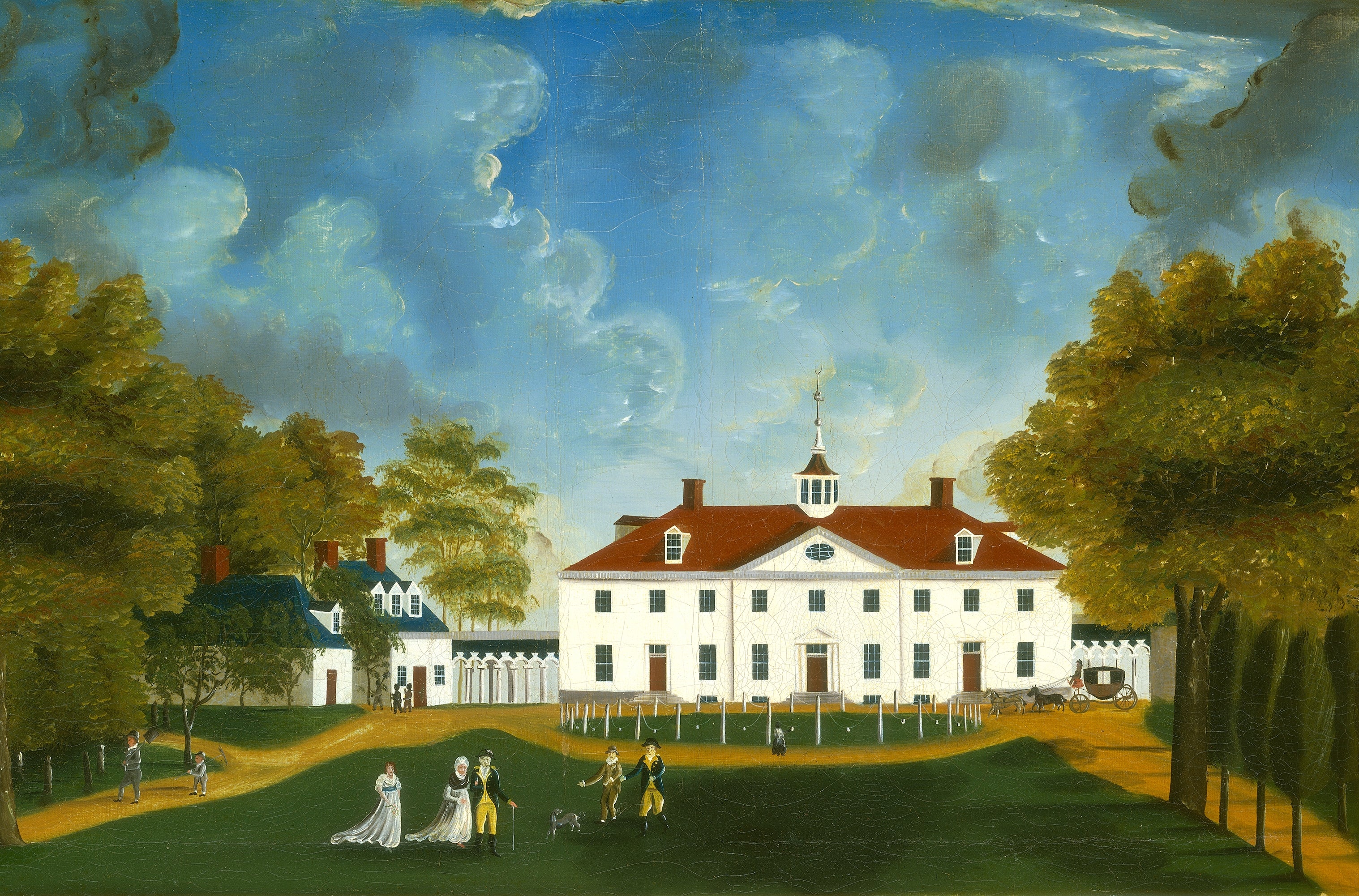 Colorful painting of Mount Vernon mansion, a white house with green lawn in front.