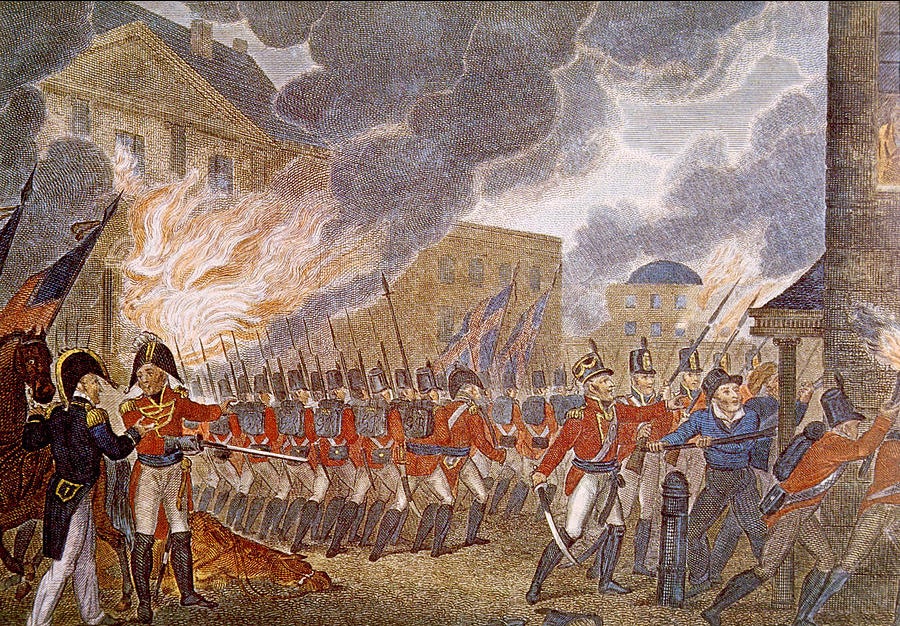 Early 19th century painting of British troops marching through Washington DC with buildings on fire.