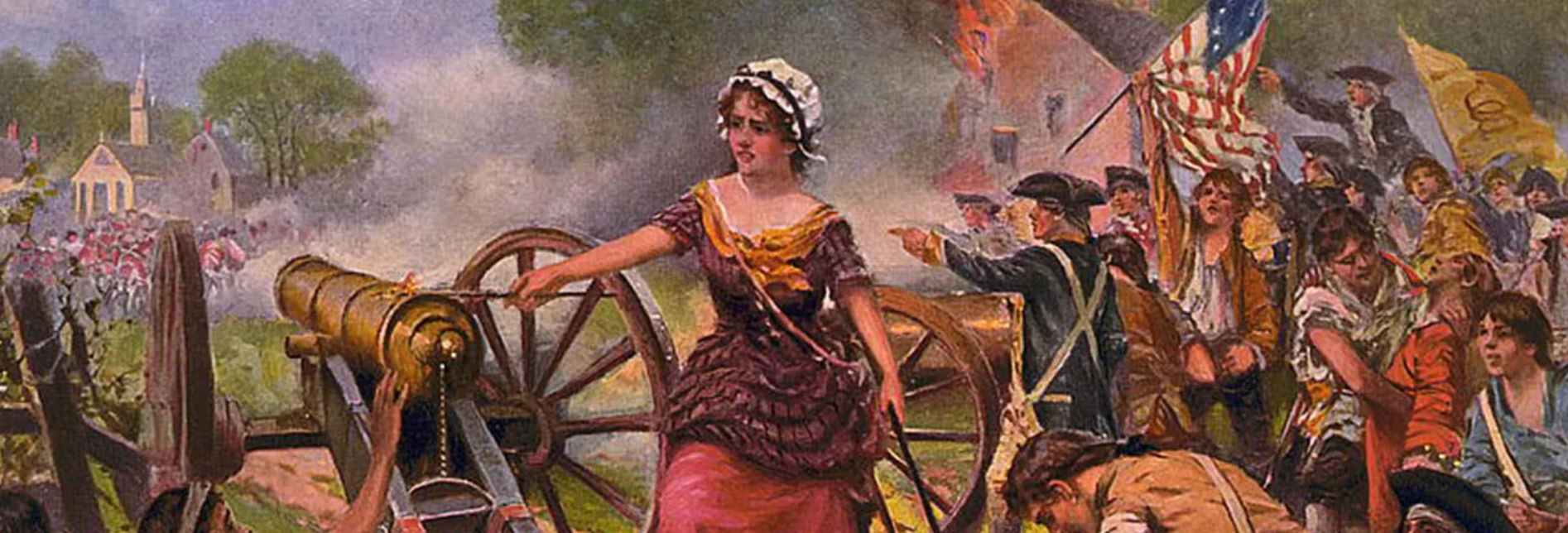 A woman firing a cannon during a Revolutionary War battle.