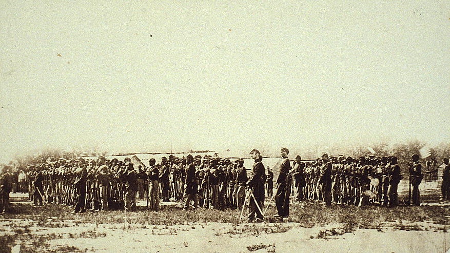 Grainy photos of large group of Union Civil war soldiers