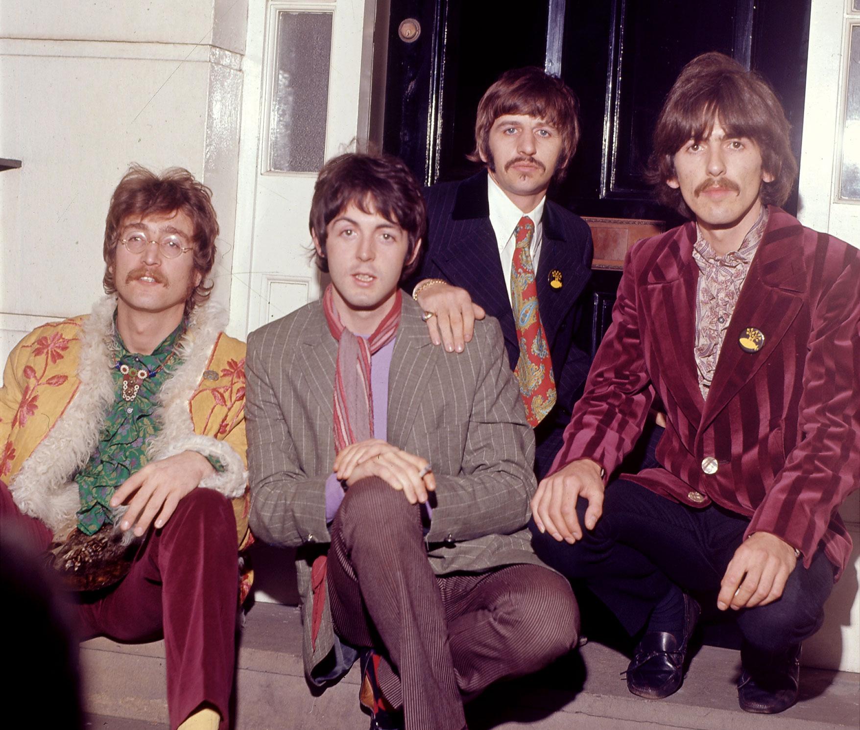 The Beatles outside manager Brian Epstein's house at 24 Chapel Street, London, during the press launch for their new album, 'Sergeant Pepper's Lonely Hearts Club Band', 19th May 1967. (Photo by Mark and Colleen Hayward/Getty Images)