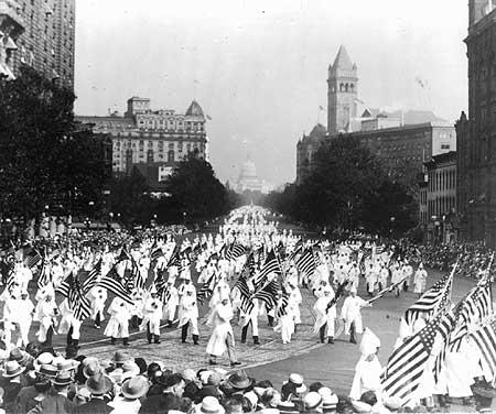 Membership in the Ku Klux Klan spiked in the 1920s as evidenced by the thousands of marchers at the KKK's 1925 rally in Washington. (Photo source: Prints and Photographs Division, Library of Congress)