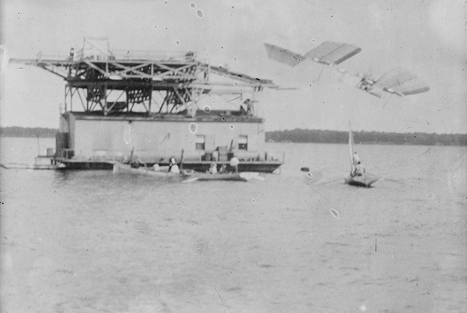 Samuel Langley's Aerodrome takes off over the Potomac River, October 7, 1903. It would promptly crash. (Source: Library of Congress)
