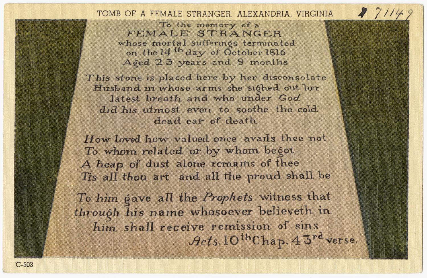 Postcard depicting Tomb of Female Stanger (Credi: By Boston Public Library - Tomb of a female stranger, Alexandria, Virginia, CC BY 2.0, https://commons.wikimedia.org/w/index.php?curid=41983533)