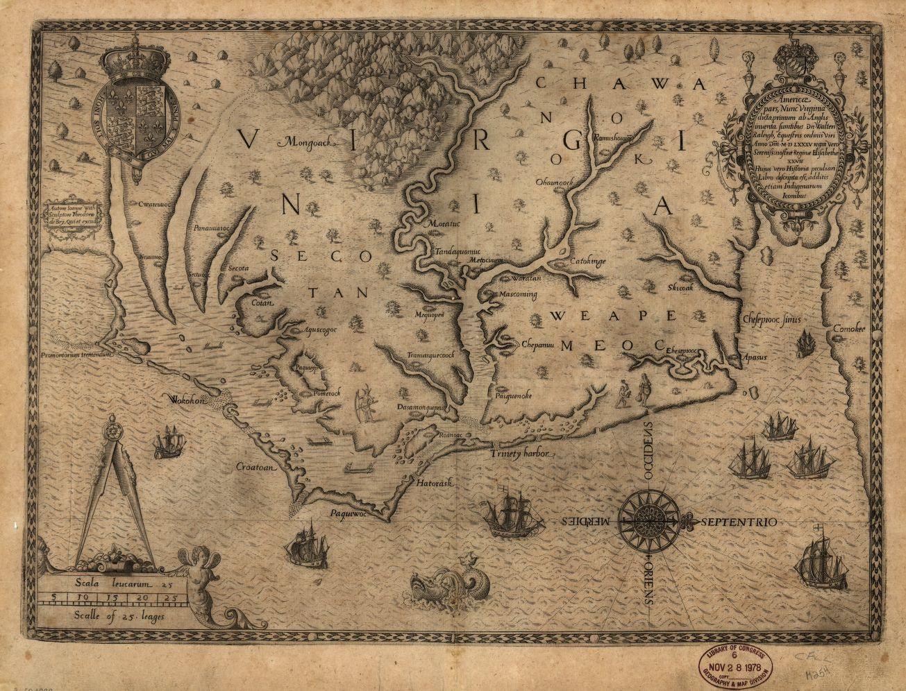 Map of "Virginia" 1590 Map of Virginia, now North Carolina, written in Latin