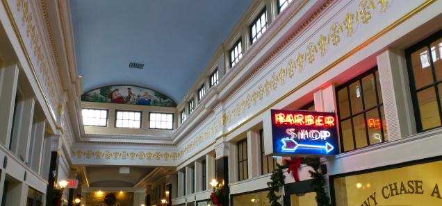 Interior of Chevy Chase Arcade showing shops.