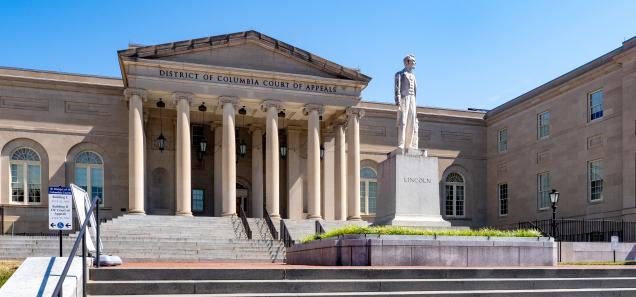 Front of Washington DC Court of Appeals with Statute of Abraham Lincoln in front.