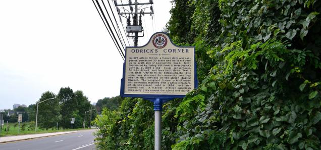 Roadside historical marker detailing the history of Odrick's Corner in Fairfax County. (Credit: Jacob Kaplan)