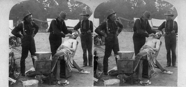 An army barber shop at Camp Alger during the Civil War. (Source: Library of Congress)