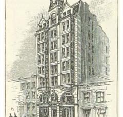 Engraving of the Baltimore Sun Building. (Source: page 166 of King's Hand-book of the United States planned and edited by M. King. Text by M. F. Sweetser, Moses Forster. Original held and digitized by the British Library., via Wikipedia)