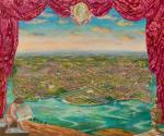 “The Indispensable Plan: 1791”  A painted portrait of what DC would have looked like if the city was laid out  exactly to L’Enfant’s plans. The image has red painted curtains framing  a familiar DC but with key differences. The colors are vibrant but there are a lack of people. 